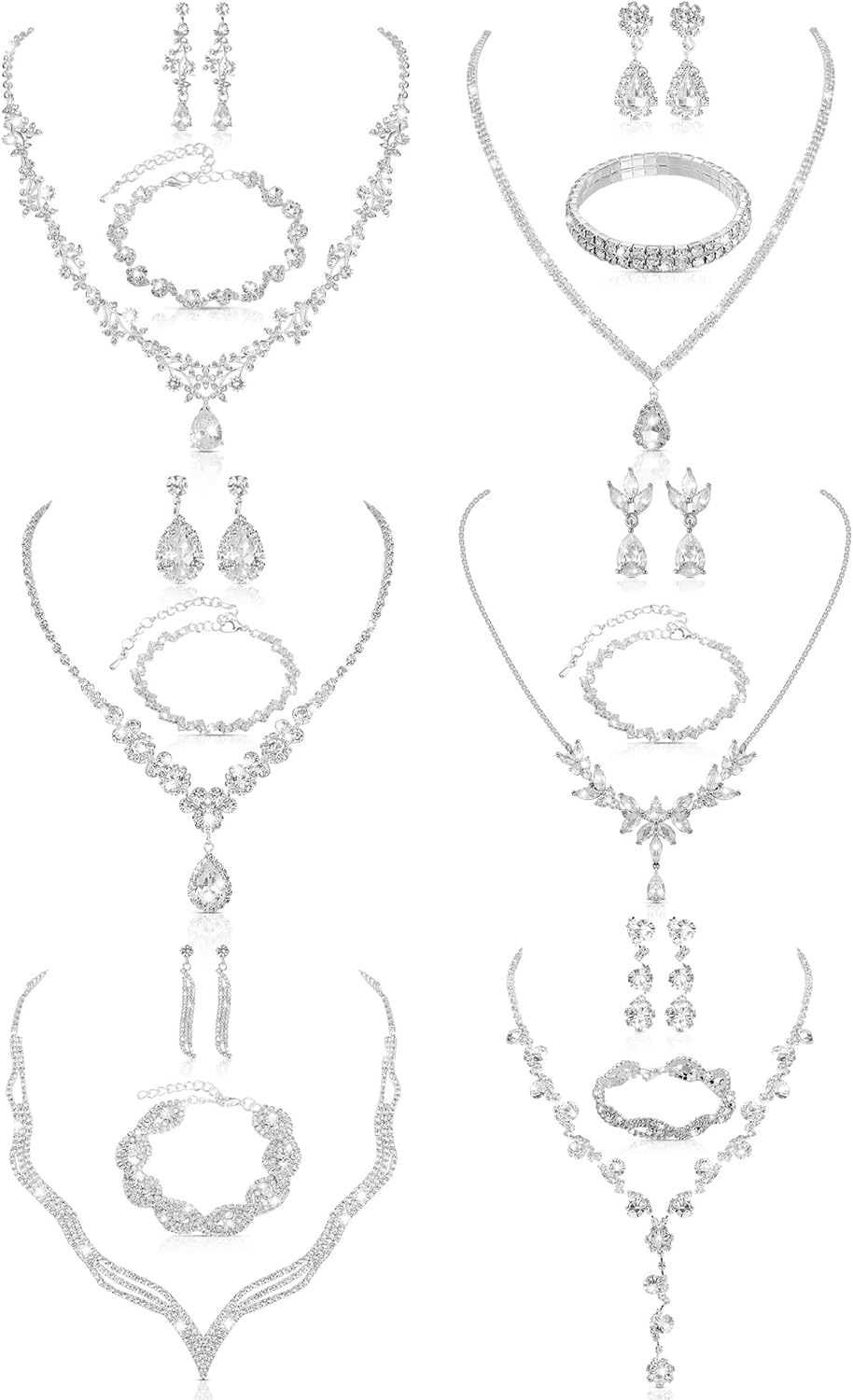 6 Set Women Silver Jewelry Set Including Crystal Rhinestone Necklace Rhinestone Bracelet Teardrop Dangle Earrings for Wedding