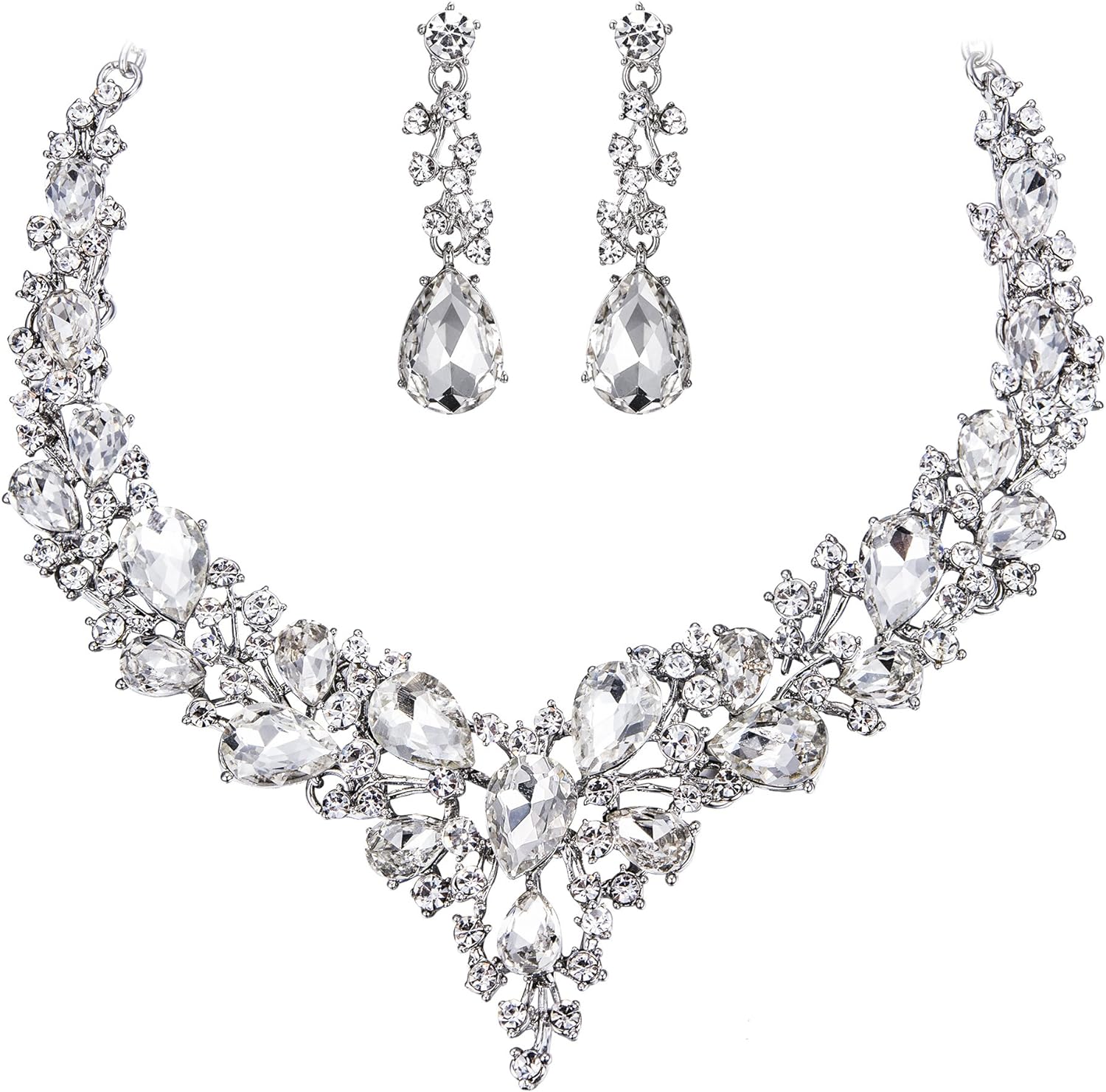 BriLove Womens Wedding Bridal Austrian Crystal Teardrop Cluster Statement Necklace Dangle Earrings Jewelry Set