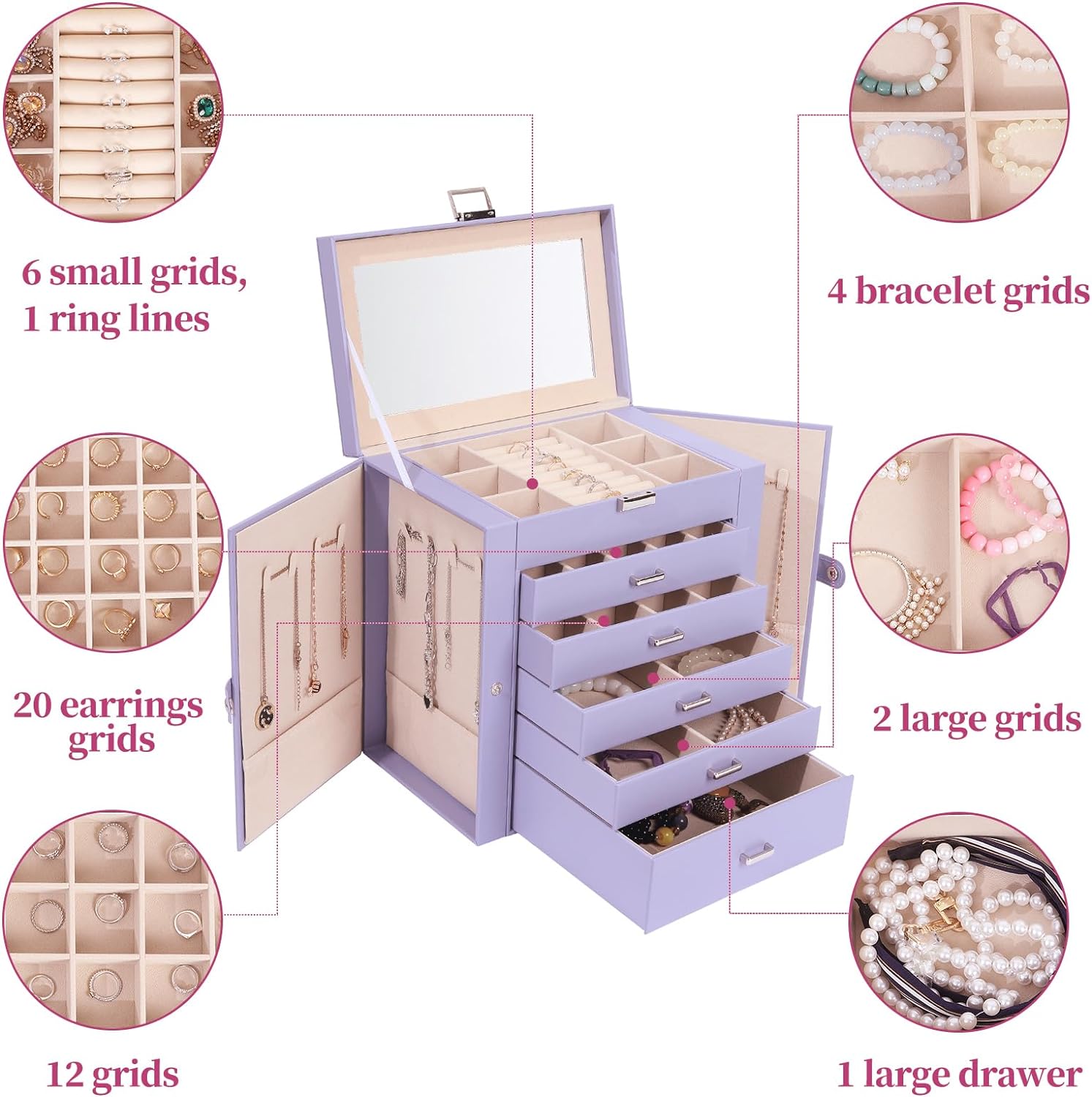 BOOVO Jewelry Box For Women Girl Large 6 Layer Jewelry Organizer Box with Lock Storage Necklace Ring Earrings Bracelet Jewelry Box Women Wood Grain PU Leather Jewelry Box (Wood grain/red)