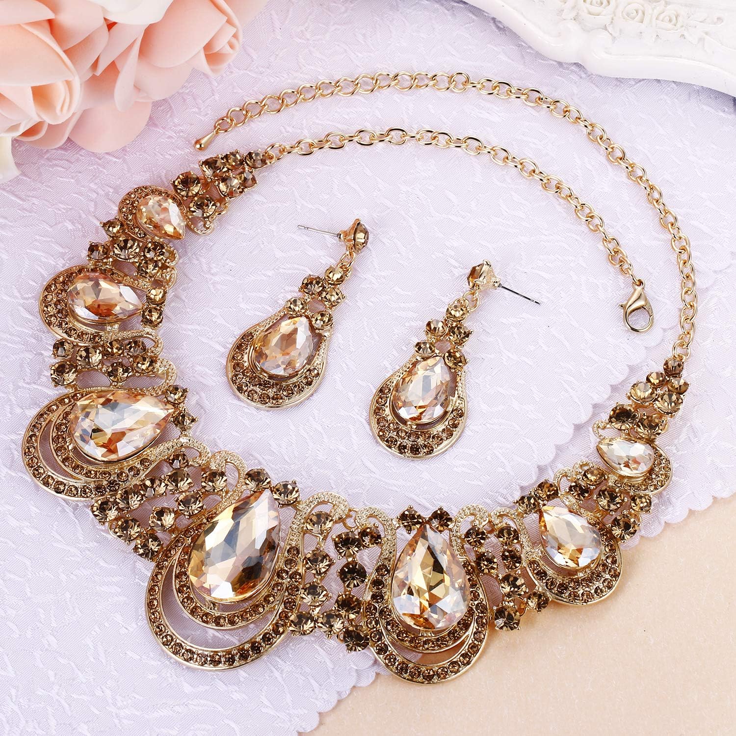 BriLove Womens Costume Fashion Crystal Teardrop Hollow Scroll Statement Necklace Dangle Earrings Set