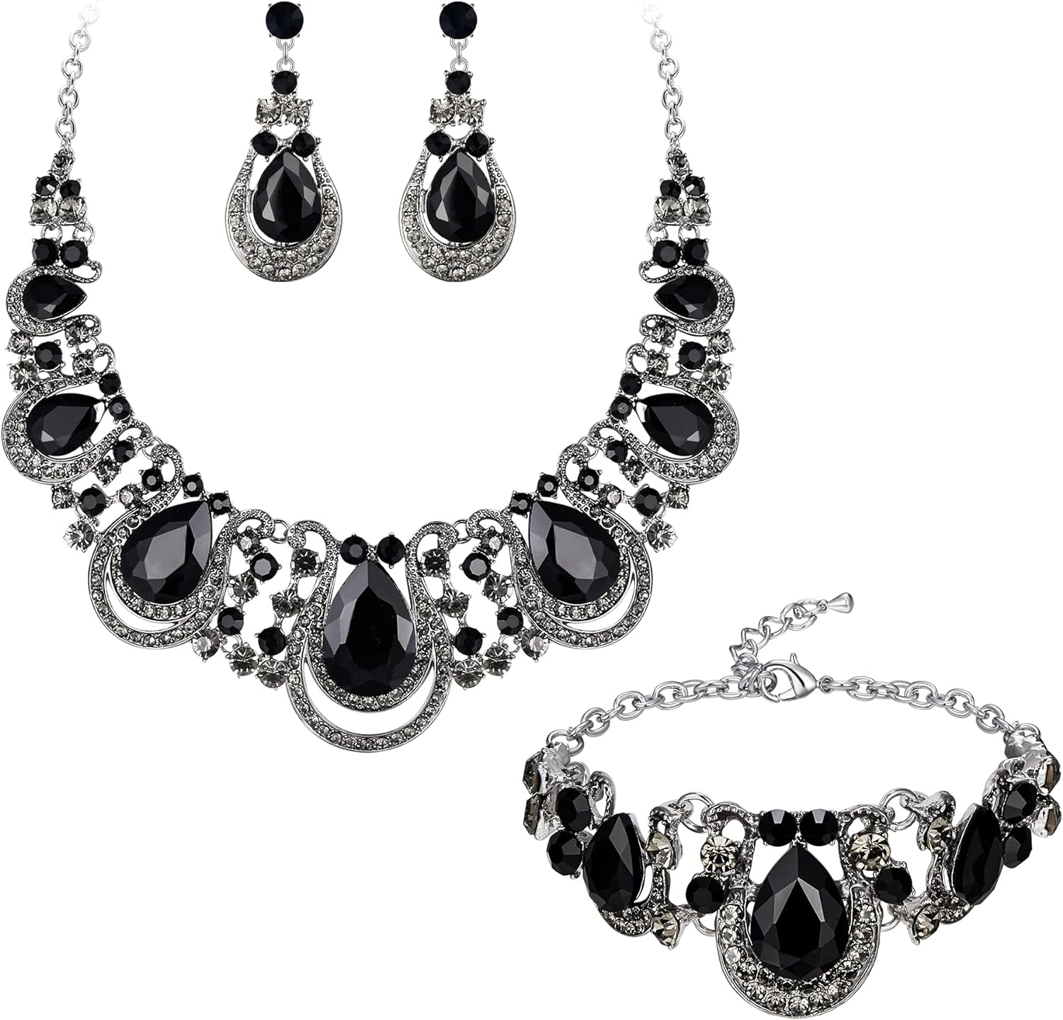 BriLove Womens Teardrop Crystal Statement Necklace Cluster Hollow Dangle Earrings Chain Bracelet Bib Jewellery Set for Wedding Bride Bridesmaid