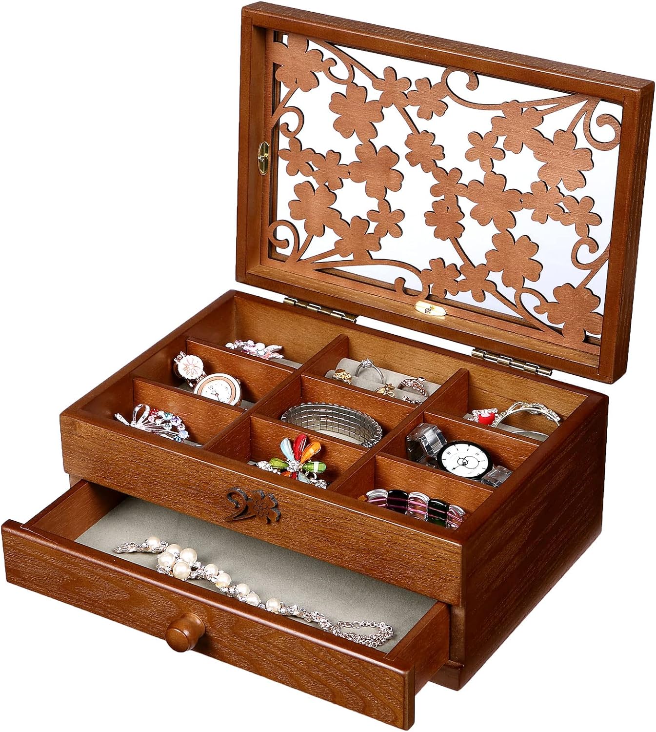 Changsuo Wooden Jewelry Box for Women with, Drawers, Small Jewelry Storage Organizer