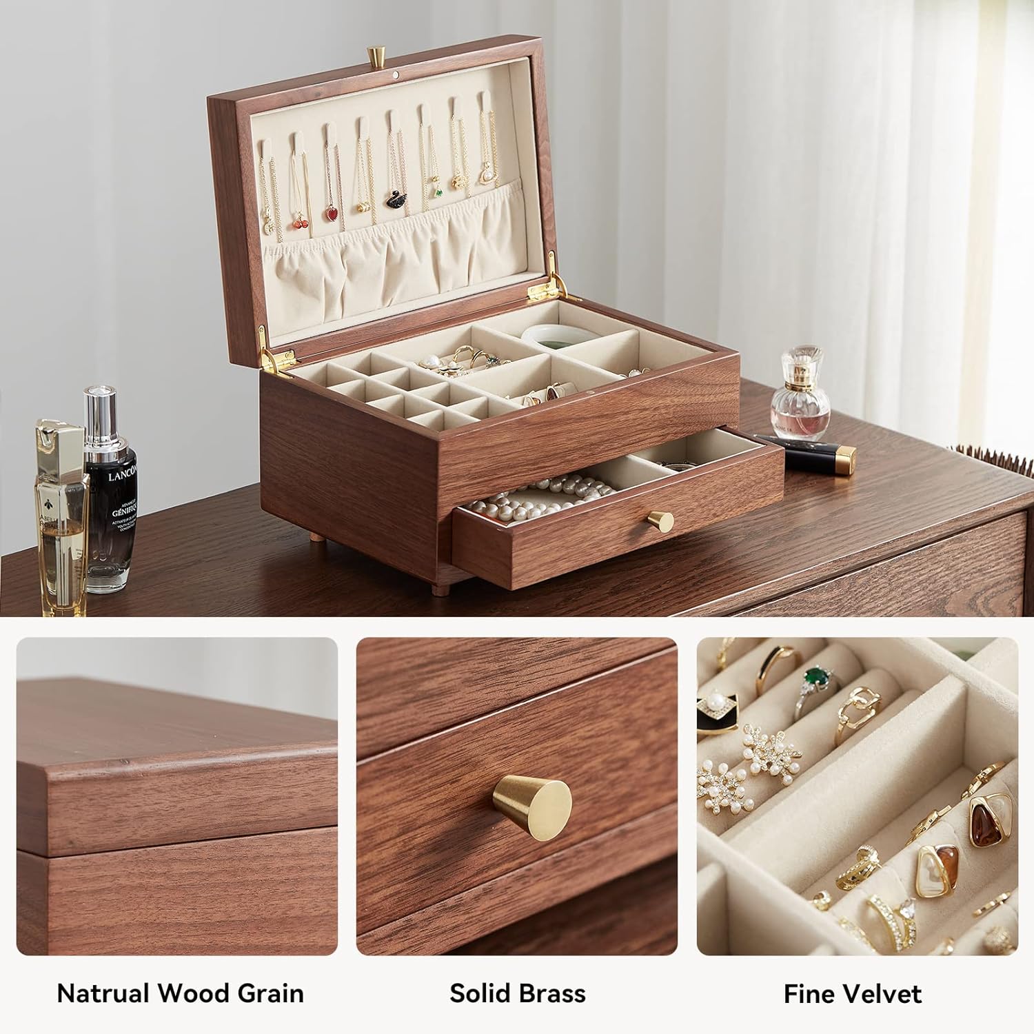 CHOSIN Black Walnut Wooden Jewelry Box for Women, Classical Wooden 2 Layer Jewelry Storage Watch Necklace Ring Earring Storage Gifts