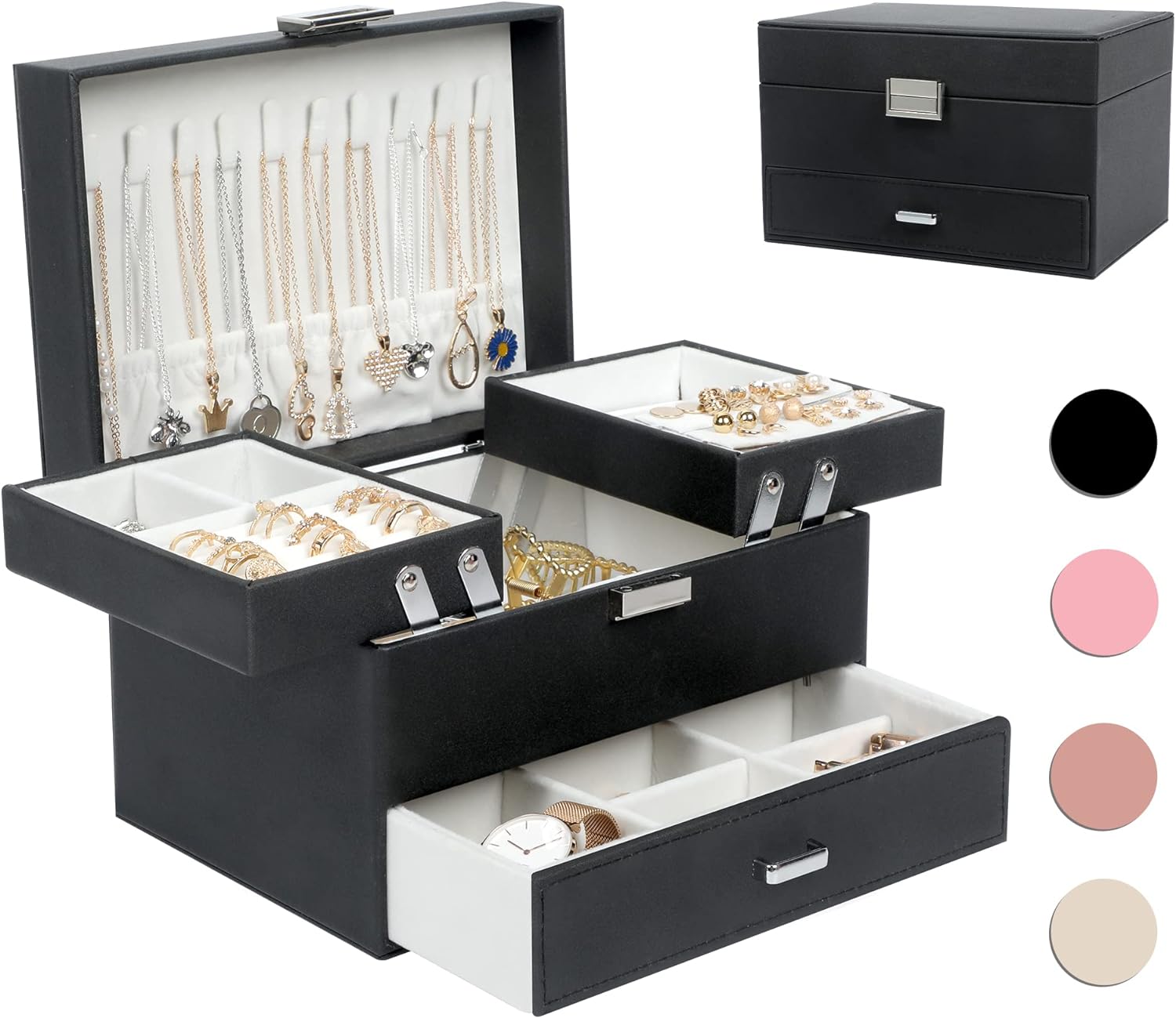 Dajasan Jewelry Boxes for Women Girls, Jewelry Organizer Box, 3 Layers Jewelry Storage Organizer for Earring, Ring, Necklace, Bracelets (Black)