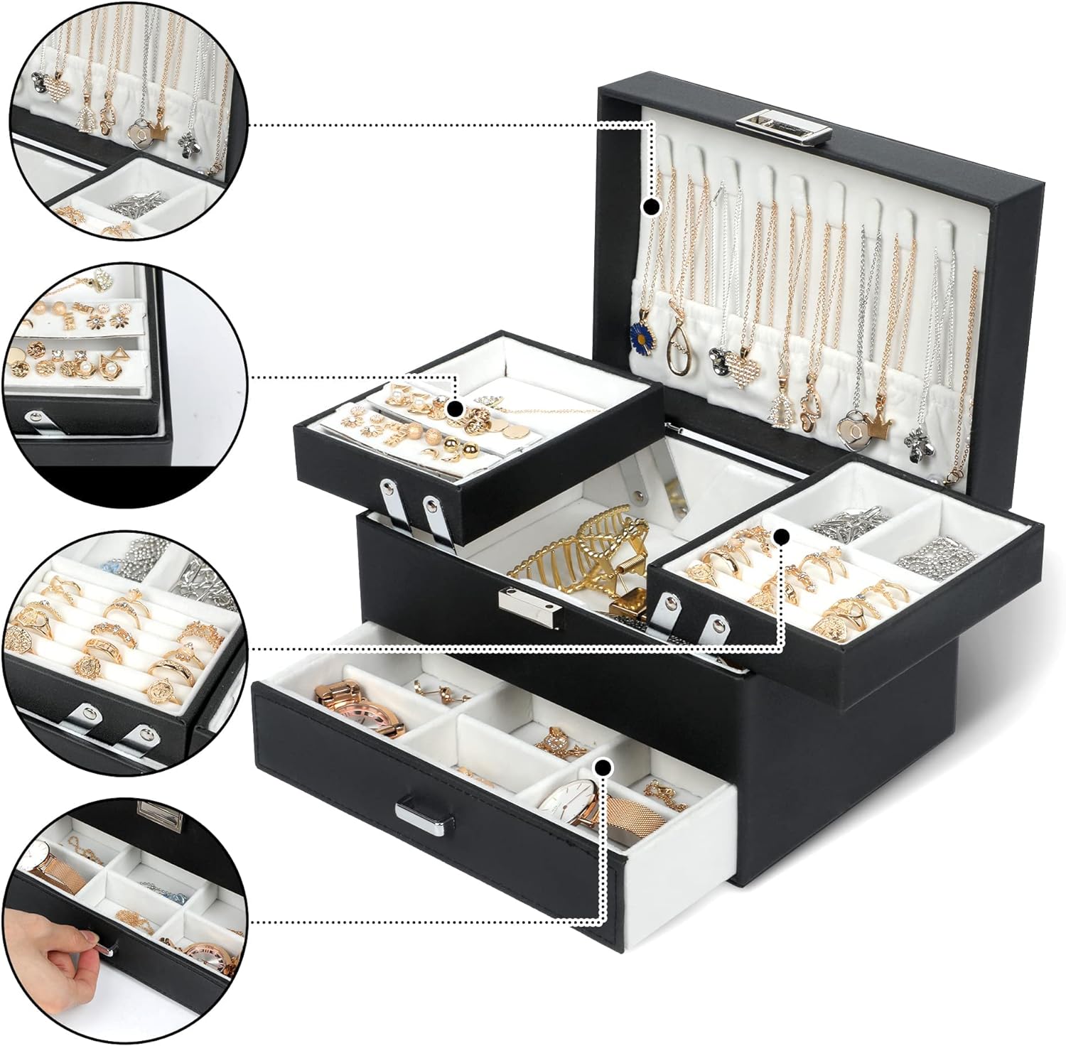 Dajasan Jewelry Boxes for Women Girls, Jewelry Organizer Box, 3 Layers Jewelry Storage Organizer for Earring, Ring, Necklace, Bracelets (Black)