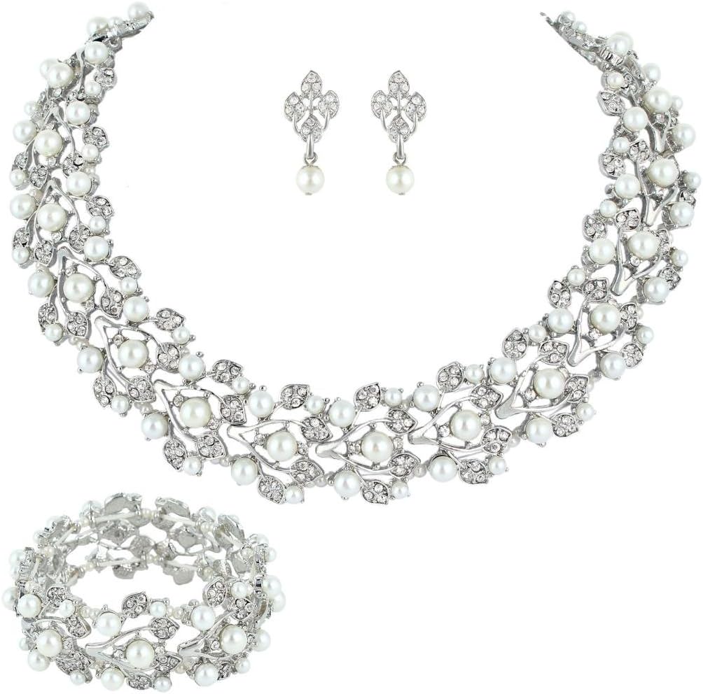 EVER FAITH Austrian Crystal Bridal Cream Simulated Pearl Leaf Luxury Necklace Earrings Bracelet Set
