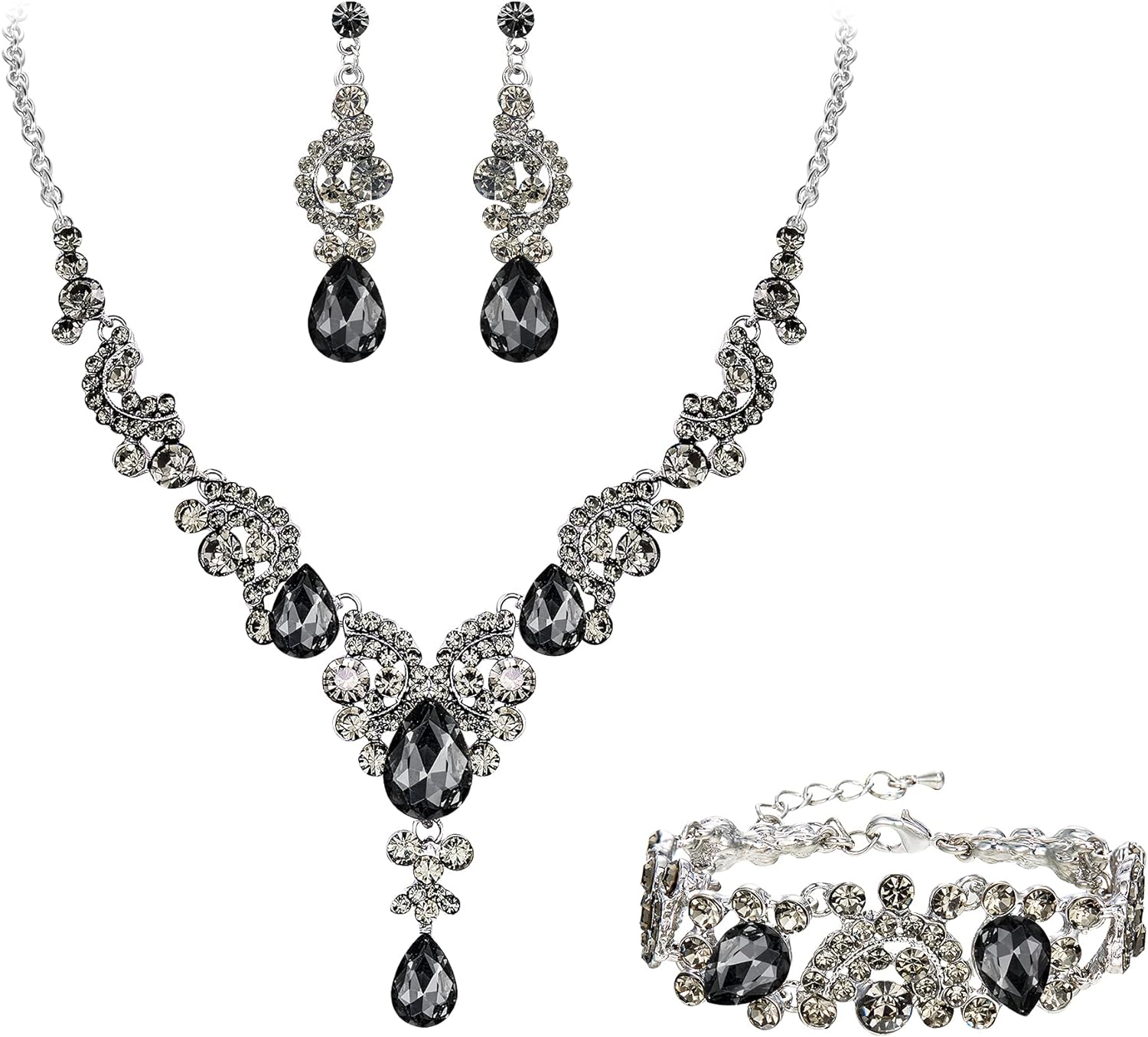 EVER FAITH Rhinestone Crystal Bridal Art Deco Floral Wave Teardrop Necklace Earrings Bracelet Jewelry Set
