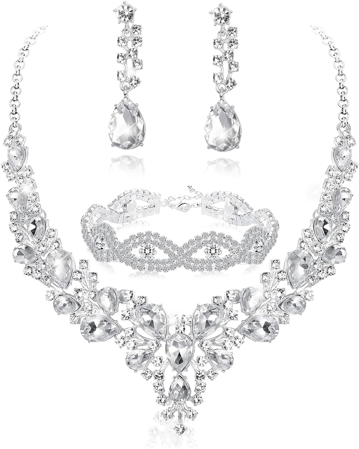FIASASO Crystal Bridal Jewelry Set for Women Rhinestone Necklace Earrings Bracelet Wedding Bridesmaid