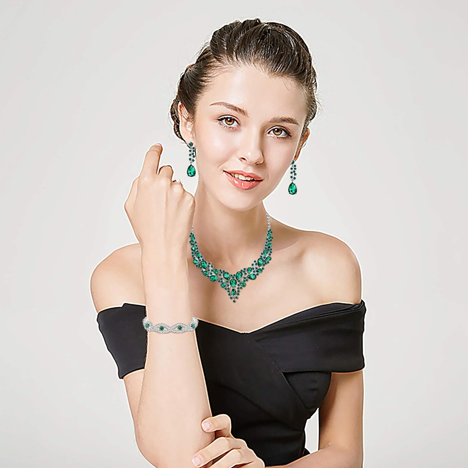 FIASASO Crystal Bridal Jewelry Set for Women Rhinestone Necklace Earrings Bracelet Wedding Bridesmaid