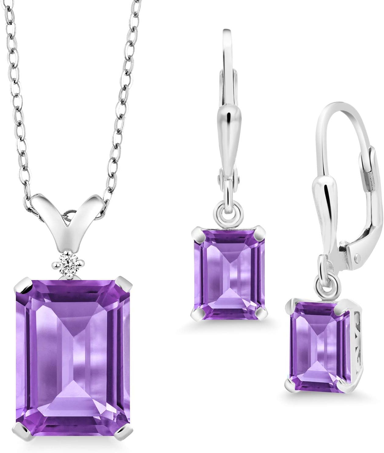 Gem Stone King 925 Sterling Silver Purple Amethyst Pendant and Earrings Jewelry Set For Women (9.27 Cttw, Gemstone Birthstone, Emerald Cut with 18 Inch Chain)