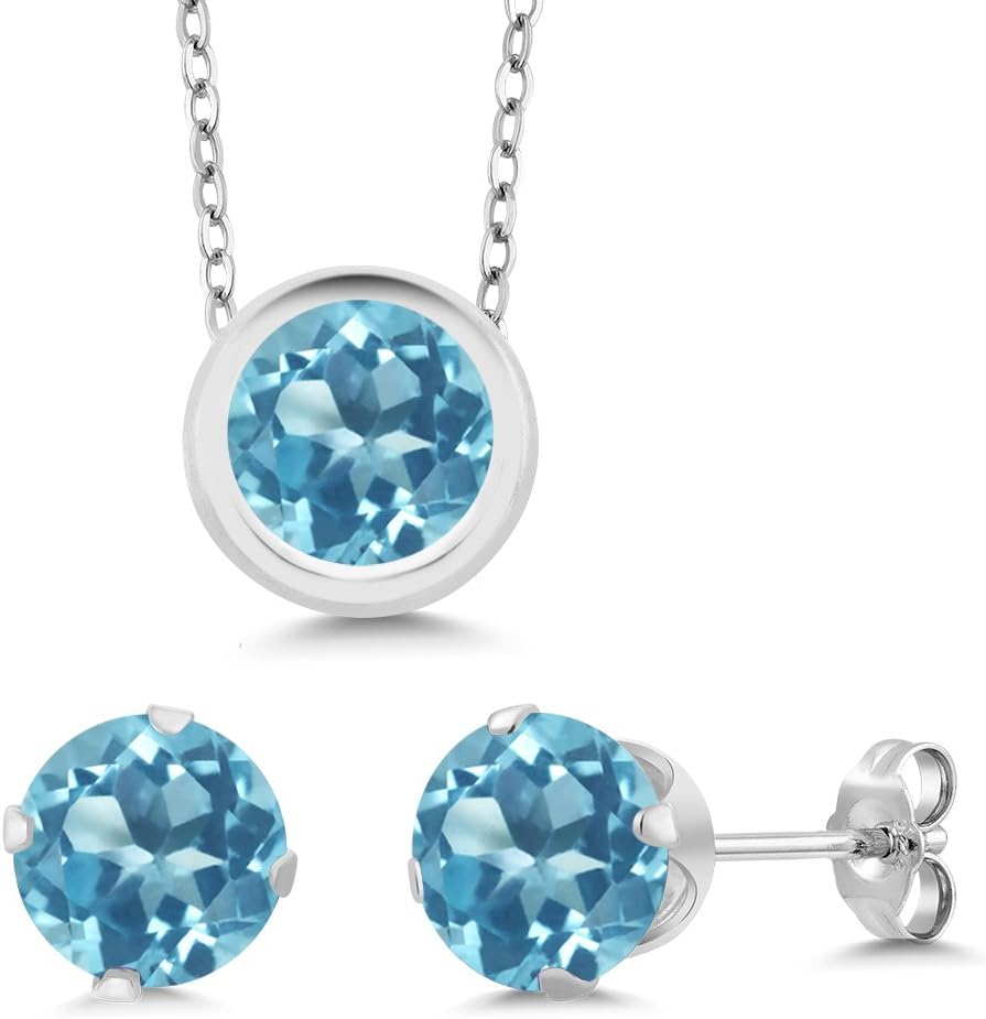 Gem Stone King 925 Sterling Silver Round 6MM Gemstone Birthstone Pendant and Earrings Jewelry Set For Women with 18 Inch Silver Chain