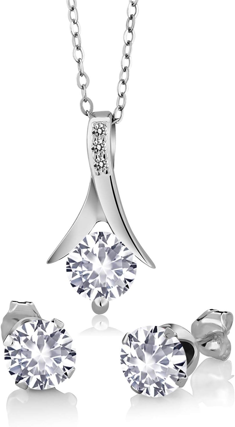 Gem Stone King 925 Sterling Silver White Created Sapphire and White Diamond Pendant and Earrings Jewelry Set For Women (3.65 Cttw, with 18 Inch Silver Chain)