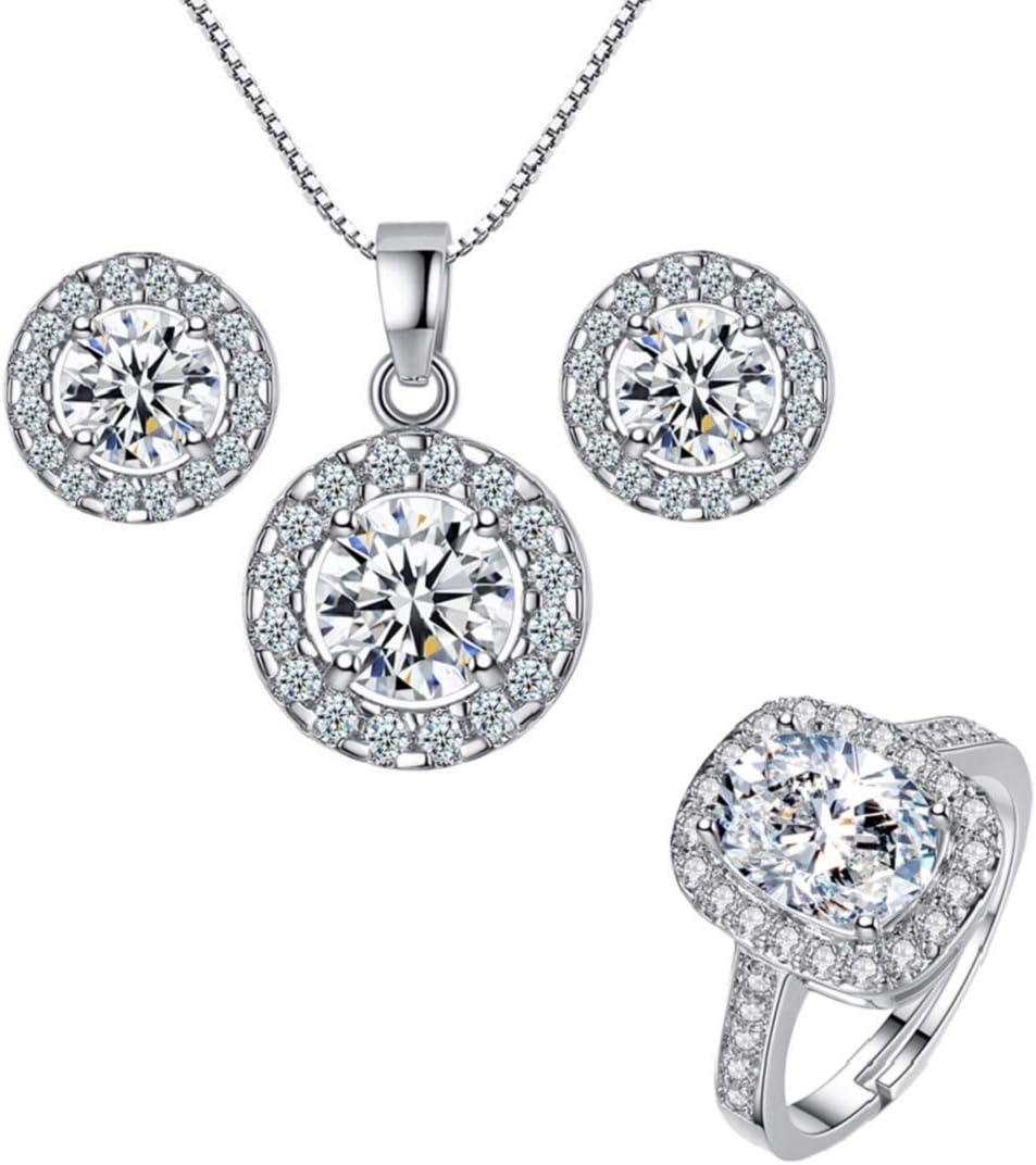 Harlorki Women Ladys Shiny Rhinestone Pendent 925 Silver Plated Crystal Wedding Necklace Earrings Finger Ring Jewelry Set