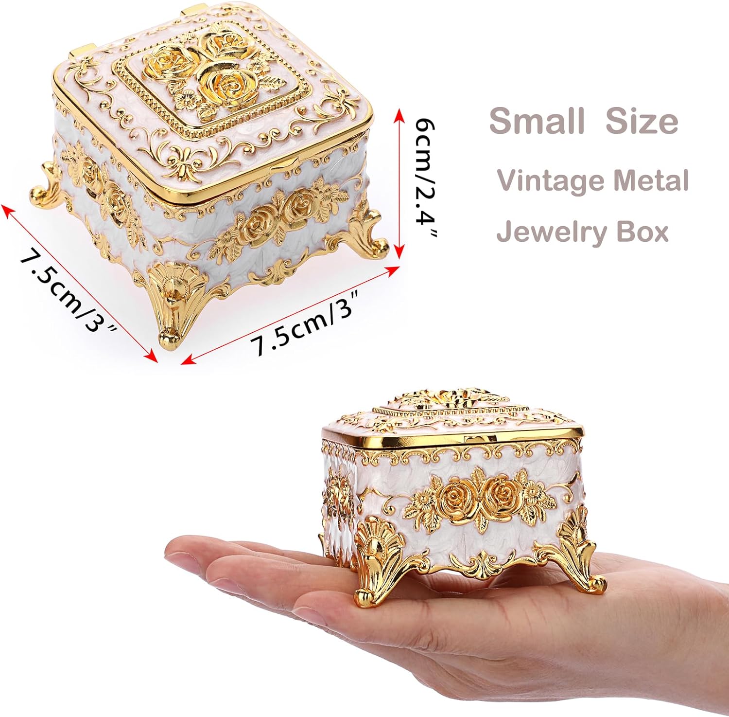 Hipiwe Vintage Metal Jewelry Box - Small Trinket Organizer Ring Box Case with Rose Pattern, Jewelry Storage Box for Ring Earrings Necklace, Keepsake Box for Women Girls, 3x3x2.4