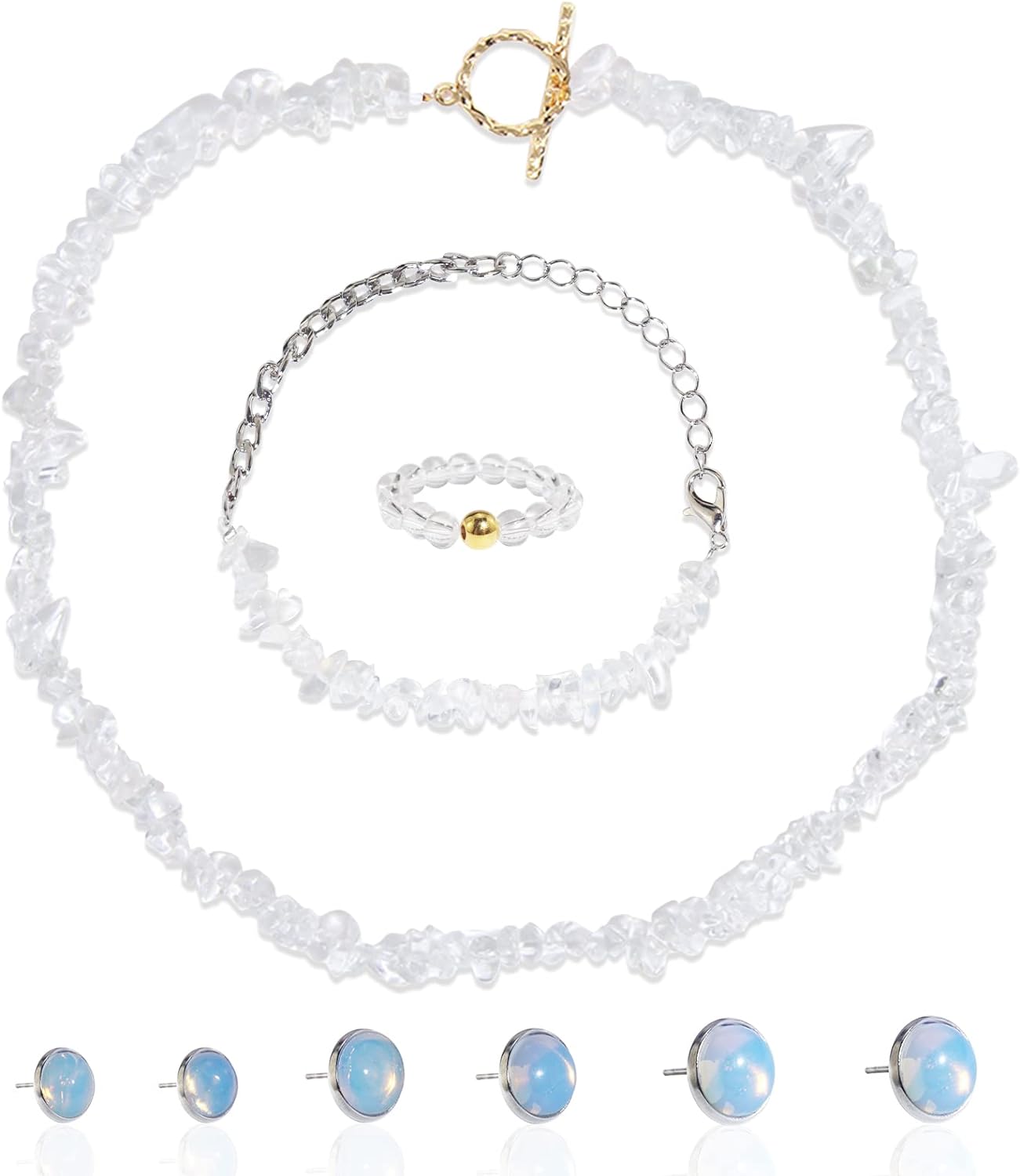 Hrwzs 4 Piece Bracelet Earring Set Beads Jewelry Set for Women, Natural Crystal Gemstone Bead Ring Irregular Gravel Bracelet Necklace Ring Earring Stud Combination Set for Women Girl Gift