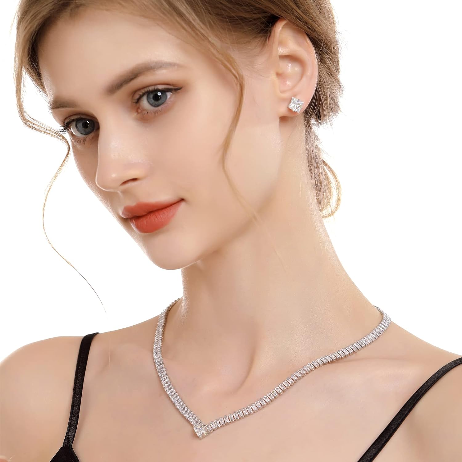 huiphong Women Bridal Jewelry Set, Wedding Necklace Earrings, Hypoallergenic Party Jewelry, Shiny White AAA Cubic Zirconia, Suitable for Women and Bridesmaids.