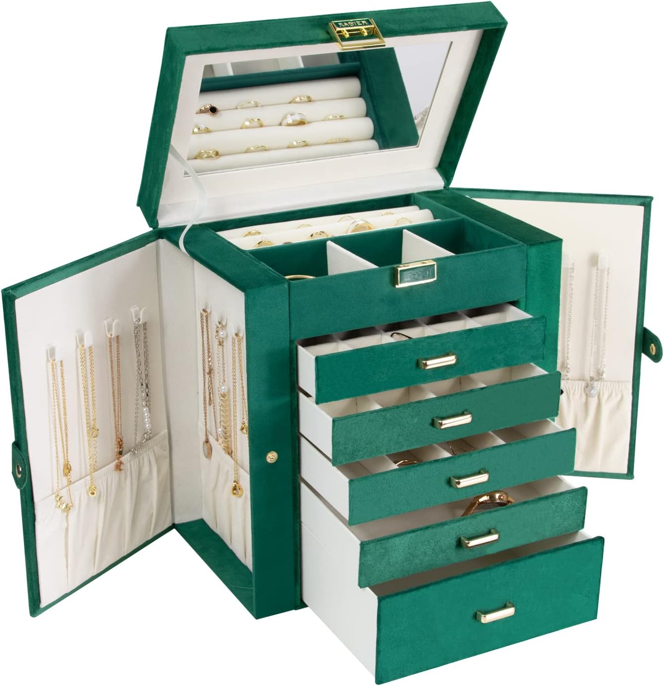 KAMIER Jewelry Box for Women, 6-Layer Large Jewelry Organizer Box with Mirror  5 Drawers for Rings, Earrings, Necklaces, Bracelets,Velvet Green