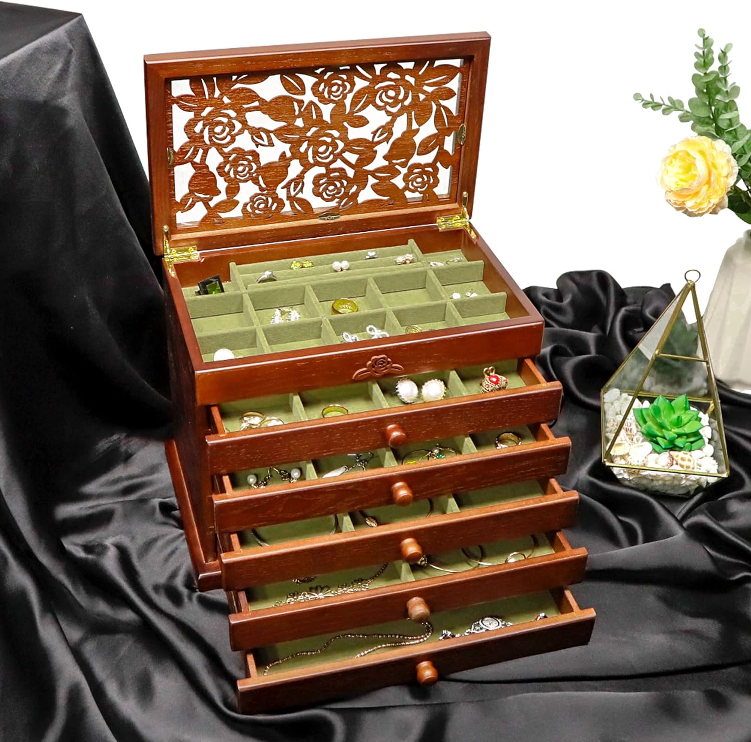 Kendal Wood Jewelry Box for Women, Real Wooden Jewelry Holder Organizer Box with Leaf Patterns, 6 Layer Jewelry Boxes for Storage Earrings Rings Necklace Bracelet, Ideal Gift for Womens Day
