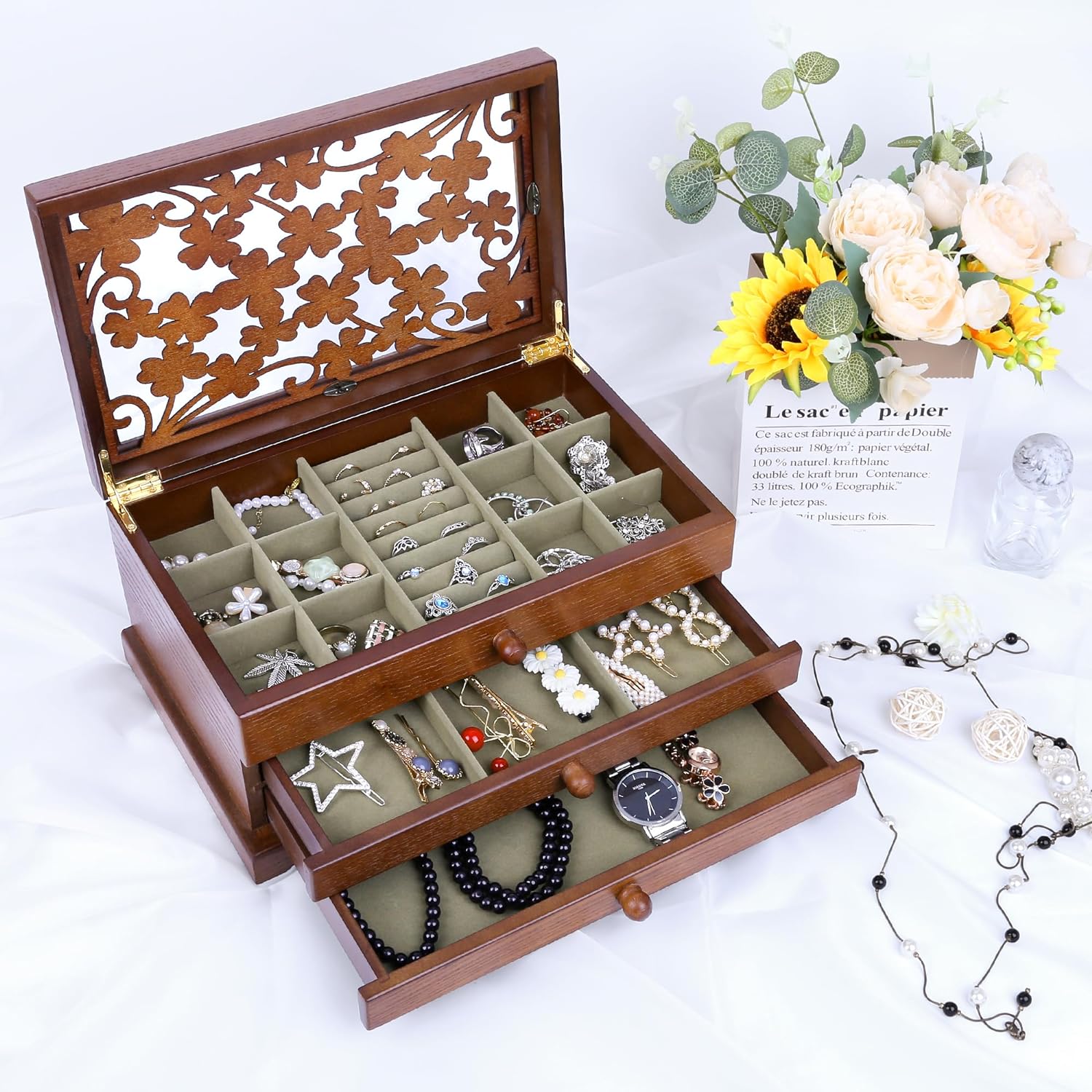 Kendal Wooden Jewelry Box, 3 Layer Jewelry Box for Women, Jewelry Holder Organizer, Wood Jewelry Storage Case for Necklaces, Earring, Rings