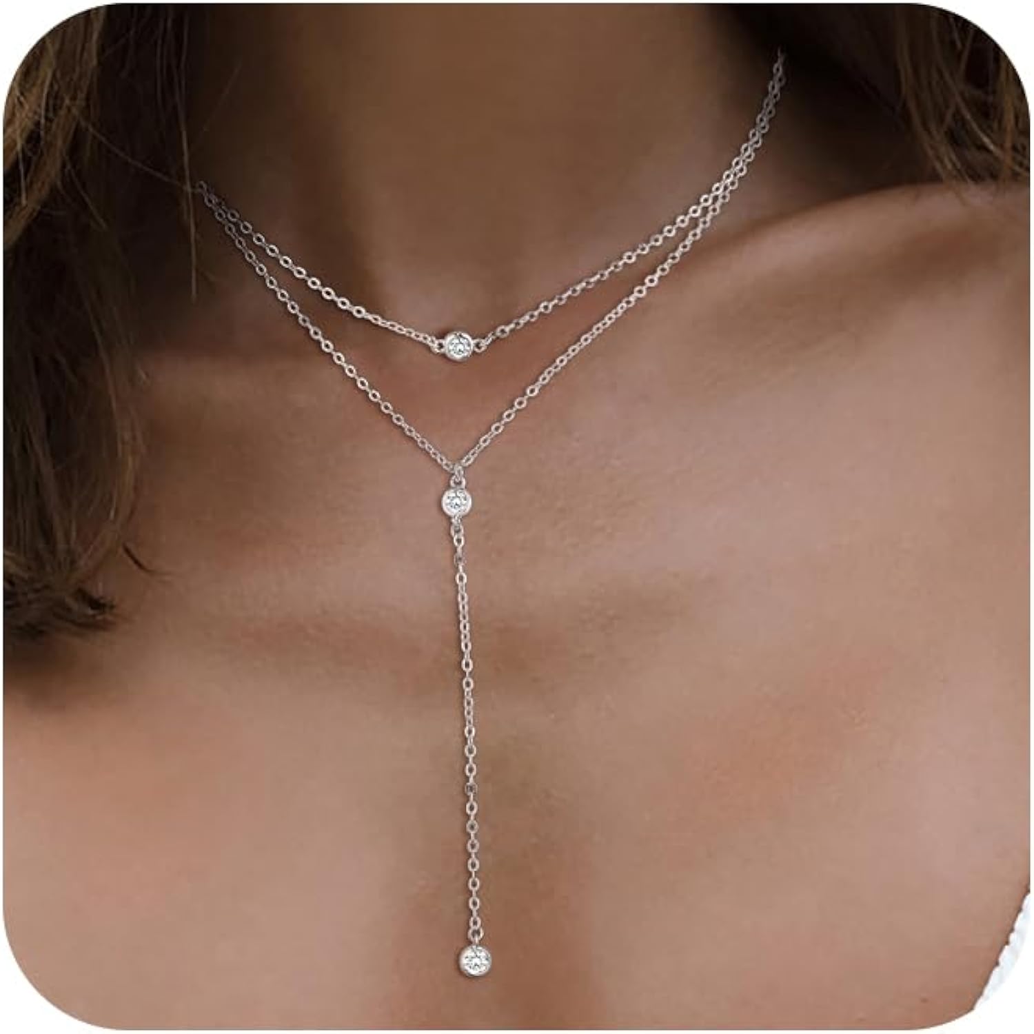 Lariat Gold Necklace for Women, 14k Gold Plated Dainty Long Layered Y Necklaces CZ Pendant Choker Necklace Simple Trendy Gold/Sliver Jewelry Gift for Girls