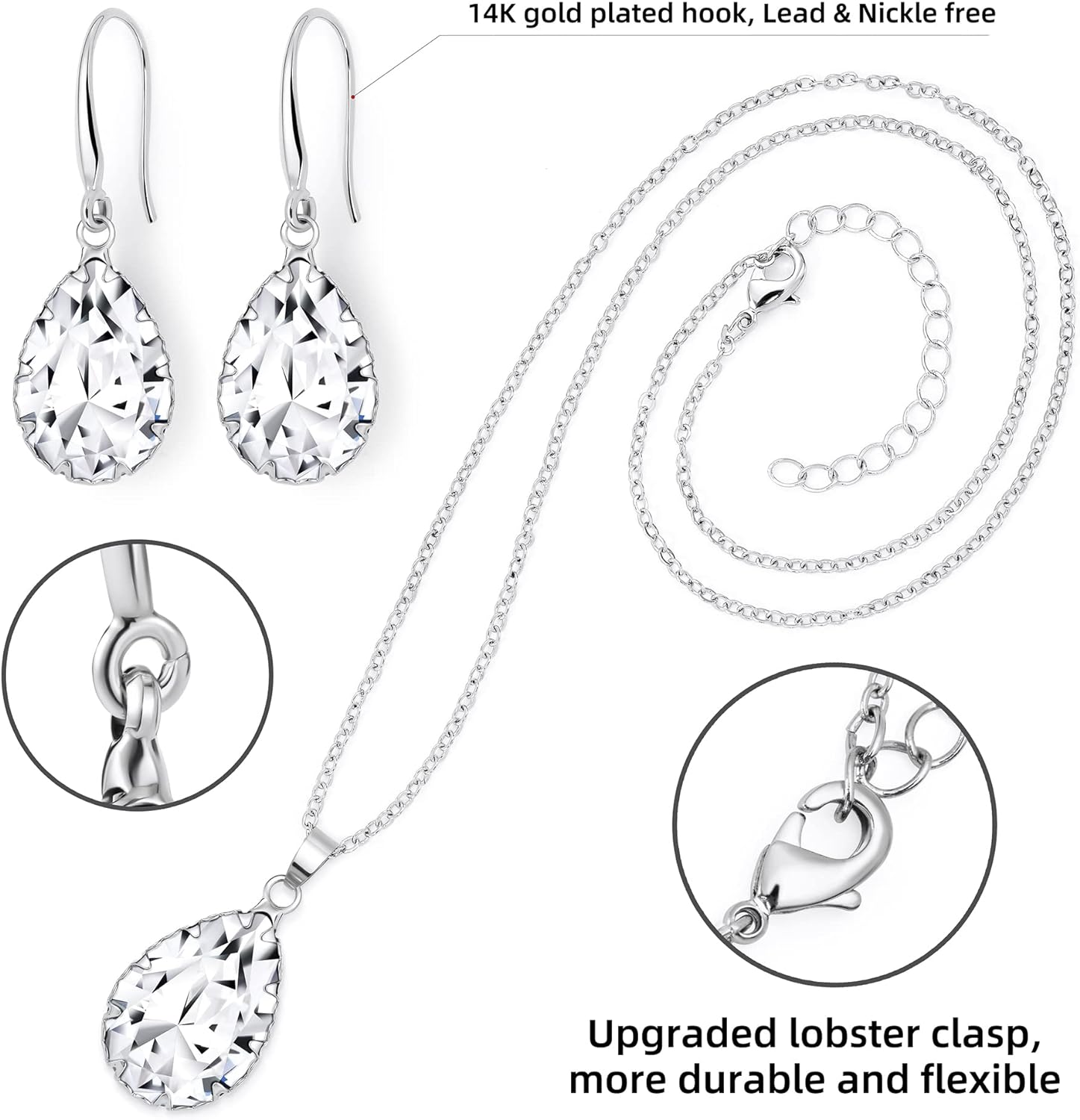 Linawe Crystal Jewelry Sets for Women, Diamond Pendant Necklace, Rhinestone Drop Dangle Earrings, Matching Wedding Jewelry, Birthstone Cubic Zirconia, 14K Gold/Rose Gold/Silver Tones