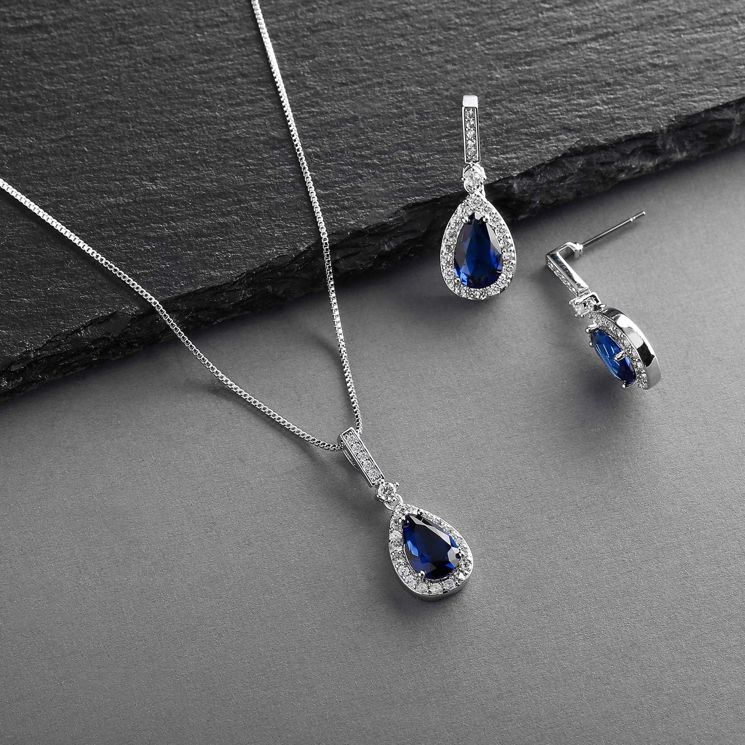 Mariell Bridal Wedding Necklace and Earring Set, Sapphire Blue CZ Pendant and Drop Earrings for Brides