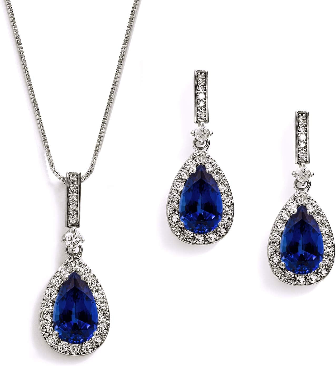 Mariell Bridal Wedding Necklace and Earring Set, Sapphire Blue CZ Pendant and Drop Earrings for Brides