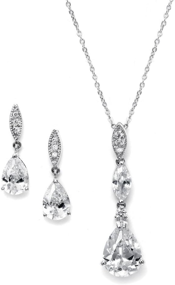 Mariell Bridal Wedding Necklace Earrings Set, Gold CZ Pendant and Drop Earring for Brides, Bridesmaids