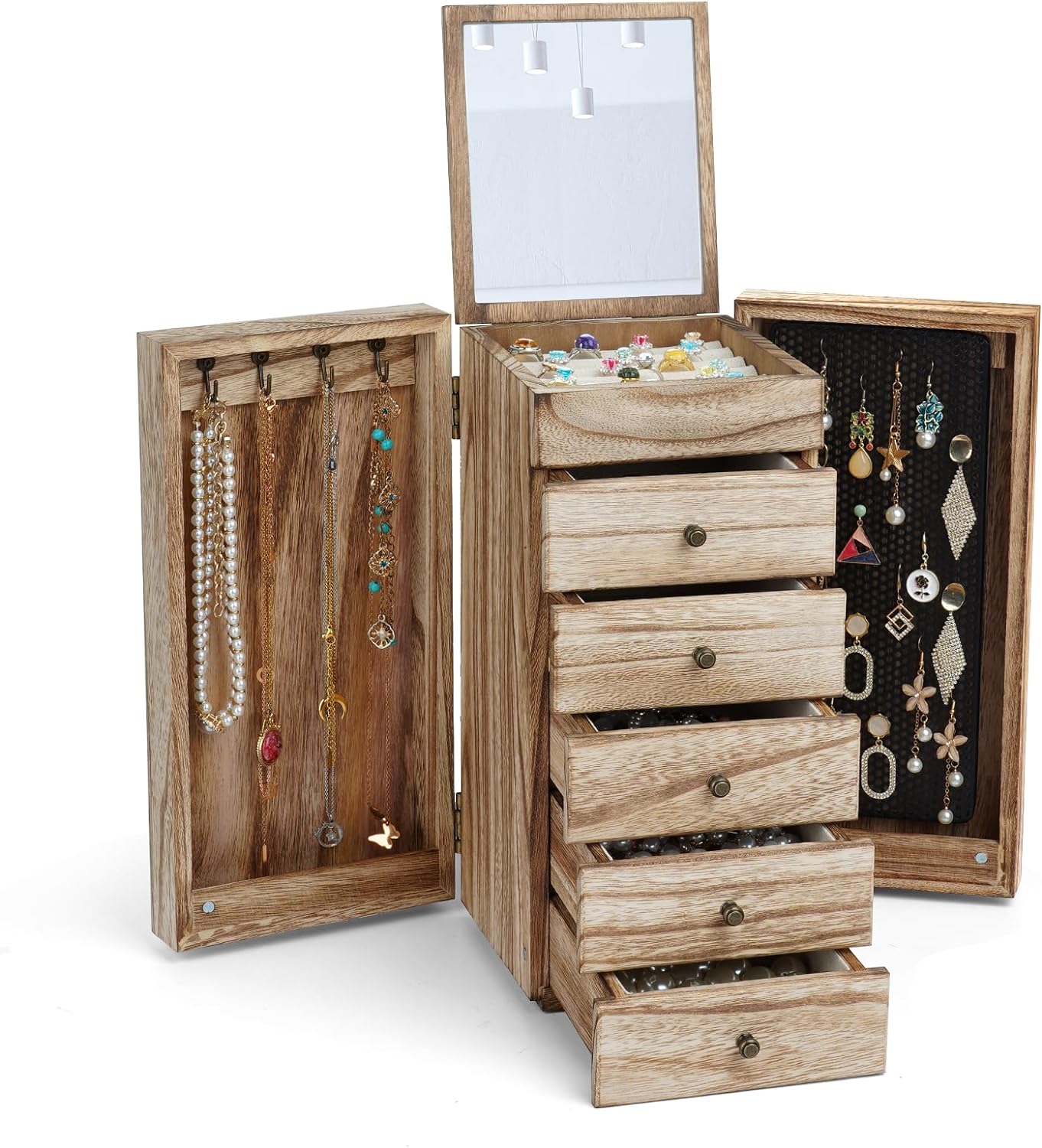 Meangood Jewelry Box Wood for Women, 6-Layer Large Organizer Box with Mirror  5 Drawers for Rings, Earrings, Necklaces, Vintage Style Carbonized Black