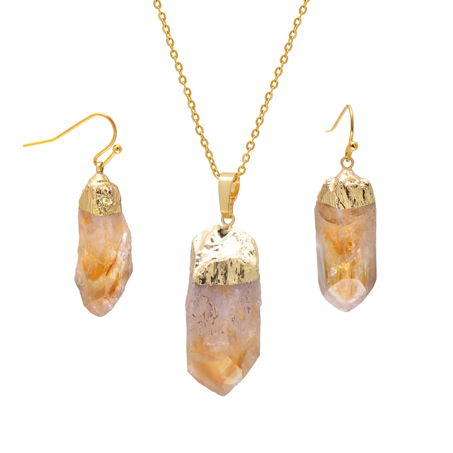 Natural Citrine Crystal Points Rough Stone Jewelry Set Earrings and Necklace, Yellow Gold Tone