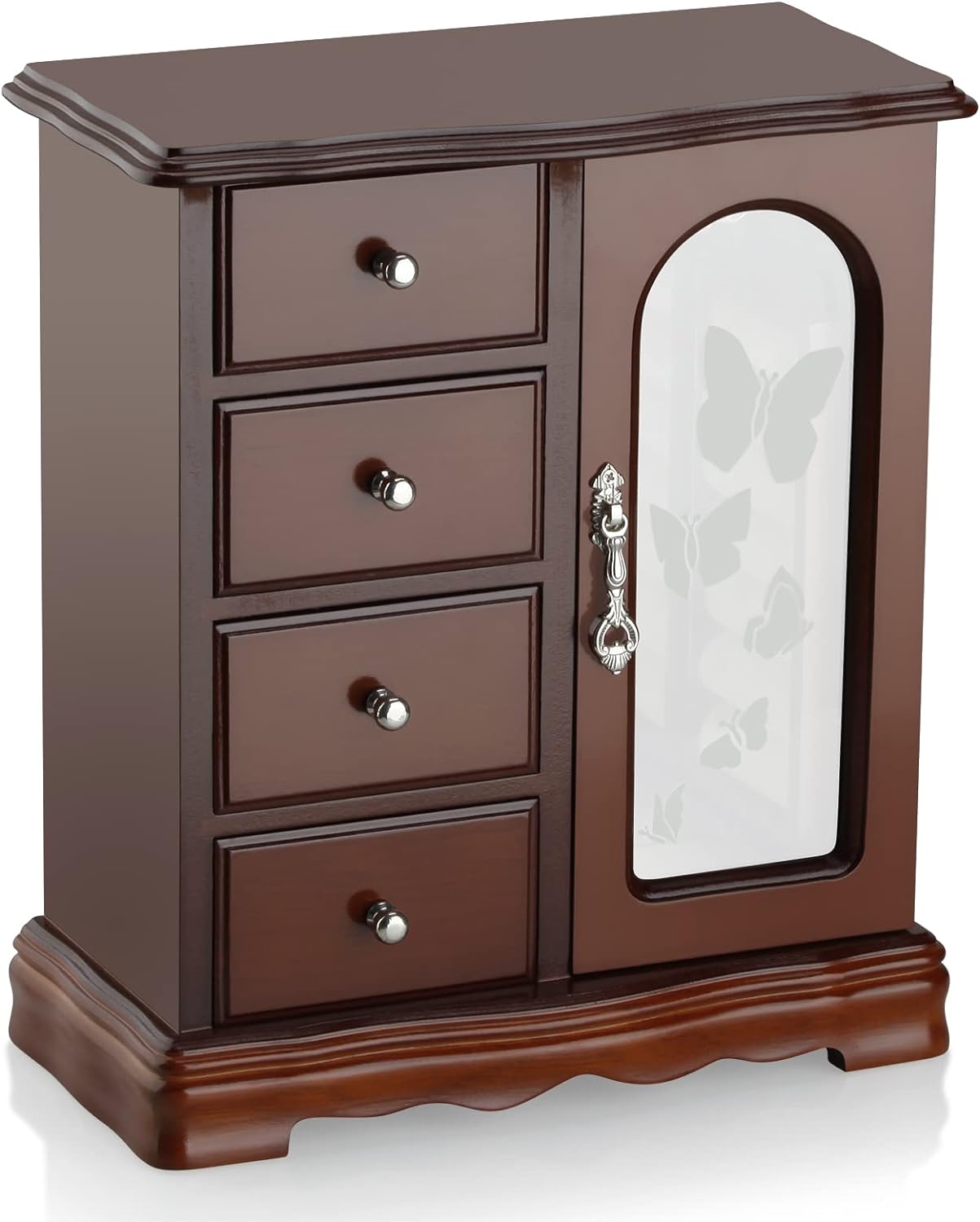 RR ROUND RICH DESIGN Jewelry Box - Made of Solid Wood with 4 Drawers Organizer and Built-in Necklace Carousel and Large Mirror Brown