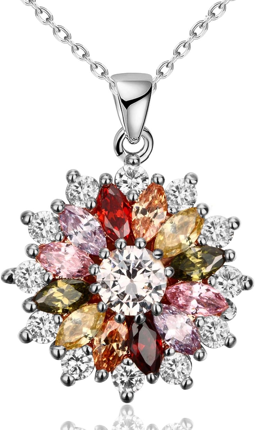 VONSSY Colorful Snowflake Pendant Necklace Earrings Rose Gold 5A Cubic Zirconia | Crystal Sweater Chain | Multi Gemstone Garnet Amethyst Morganite Peridot Prom Rhinestone Necklaces for Women Girls Daughter Sister Vintage Stylish Gift