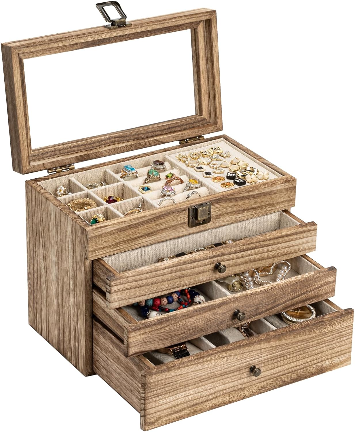 Yoimori Jewelry Box for Women, 4-Layer Jewelry Boxes  Organizers for Storage Necklaces Rings Earrings Bracelets Watches, Farmhouse Style Wood Jewelry Boxes with Glass Lid (Torched Wood Color)
