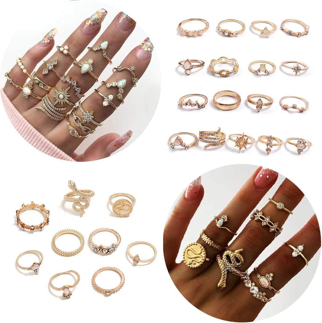 26 Pcs Bohemian Crystal Knuckle Rings Set Gemstone Vintage Snake Stacking Finger Rings Midi Rings for Women Hollow Carved Gold Rings Crystal bulk Joint Rings Women Teen Girs Birthday Party Gifts