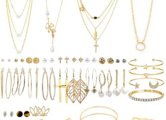 aroic 38 pcs gold jewelry set with 4 pcs necklace10 pcs bracelet24 pcs layered ball dangle hoop stud earrings for women