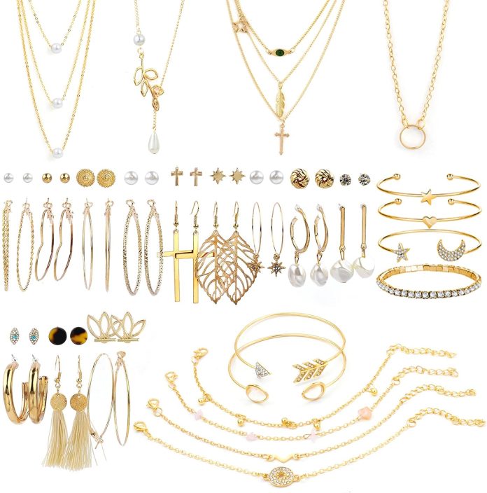 aroic 38 pcs gold jewelry set with 4 pcs necklace10 pcs bracelet24 pcs layered ball dangle hoop stud earrings for women