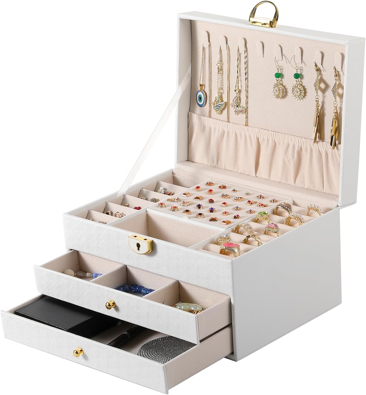 coobest 3 Layer Jewelry Box, Jewelry Holder Organizer with Jewelry Organizer Drawer, Large Jewelry Boxes  Organizer with Velvet Earring Organizer, Lockable Jewelry Holder, Valentines Day Gifts