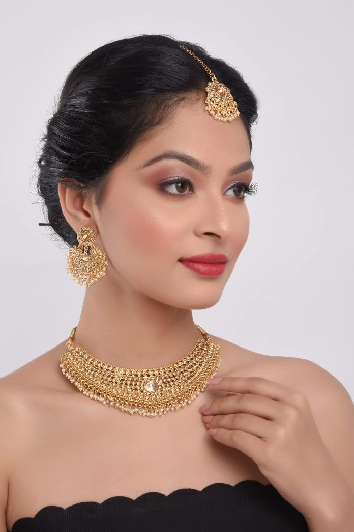 efulgenz indian bollywood traditional crystal pearl wedding choker necklace earrings maang tikka jewelry set style1 gold