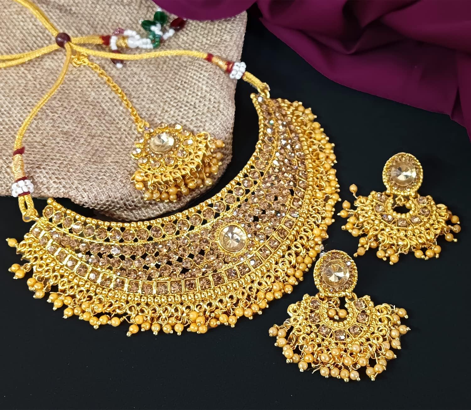 Efulgenz Indian Bollywood Traditional Crystal Pearl Wedding Choker Necklace Earrings Maang Tikka Jewelry Set (Style1 Gold) Valentines Gift