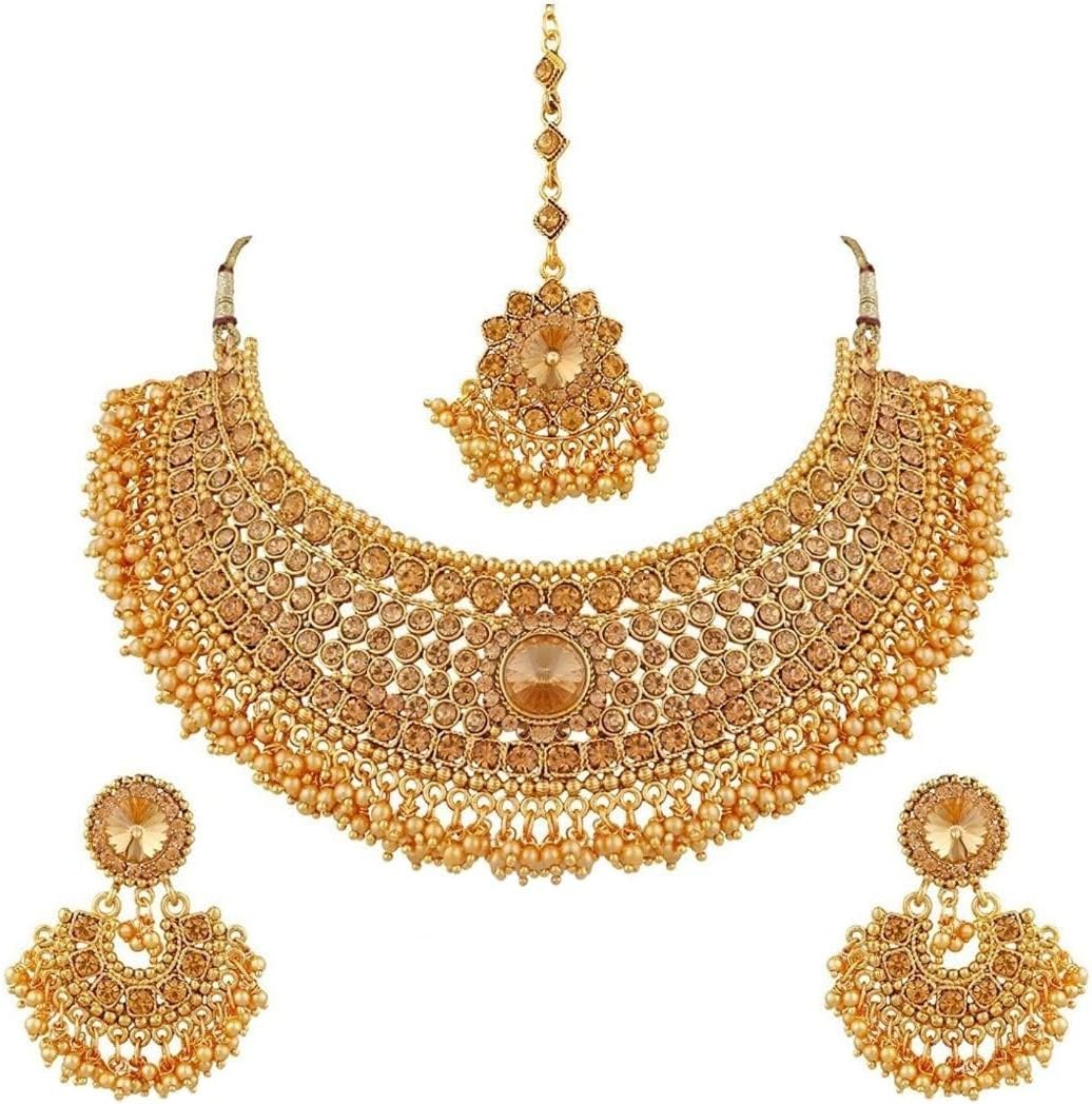Efulgenz Indian Bollywood Traditional Crystal Pearl Wedding Choker Necklace Earrings Maang Tikka Jewelry Set (Style1 Gold) Valentines Gift