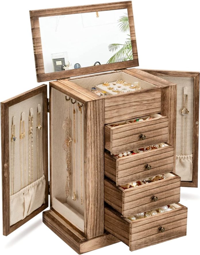 emfogo jewelry box for women 5 layer large wood boxes organizers for necklaces earrings rings bracelets rustic organizer