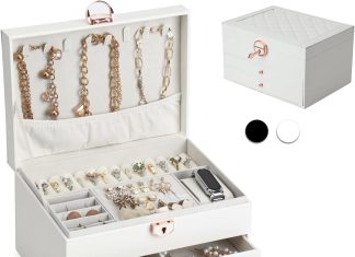 fixwal jewelry organizer box for earrings bracelets rings large white pu leather earring organizer holder with 3 layers