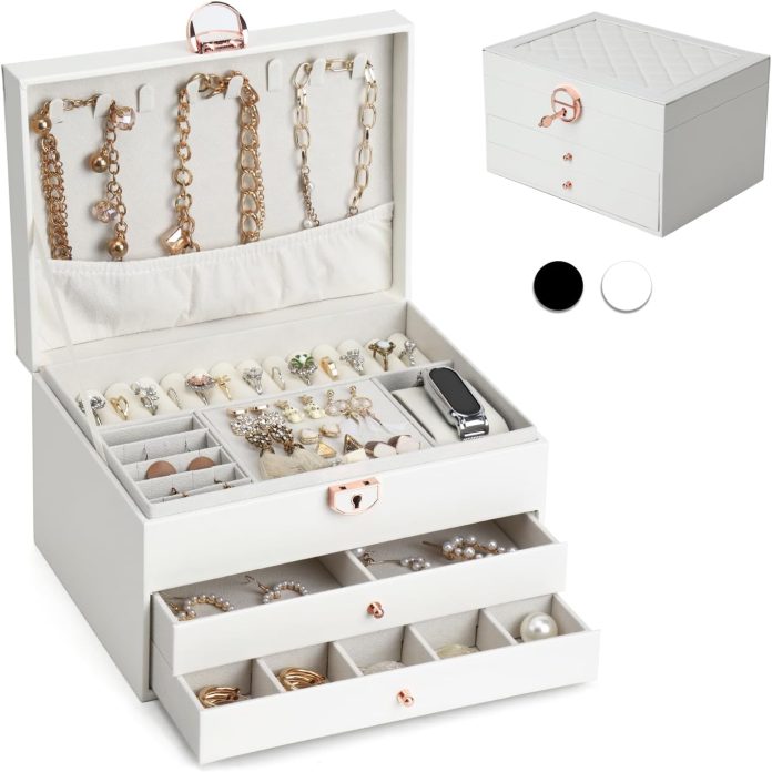 fixwal jewelry organizer box for earrings bracelets rings large white pu leather earring organizer holder with 3 layers