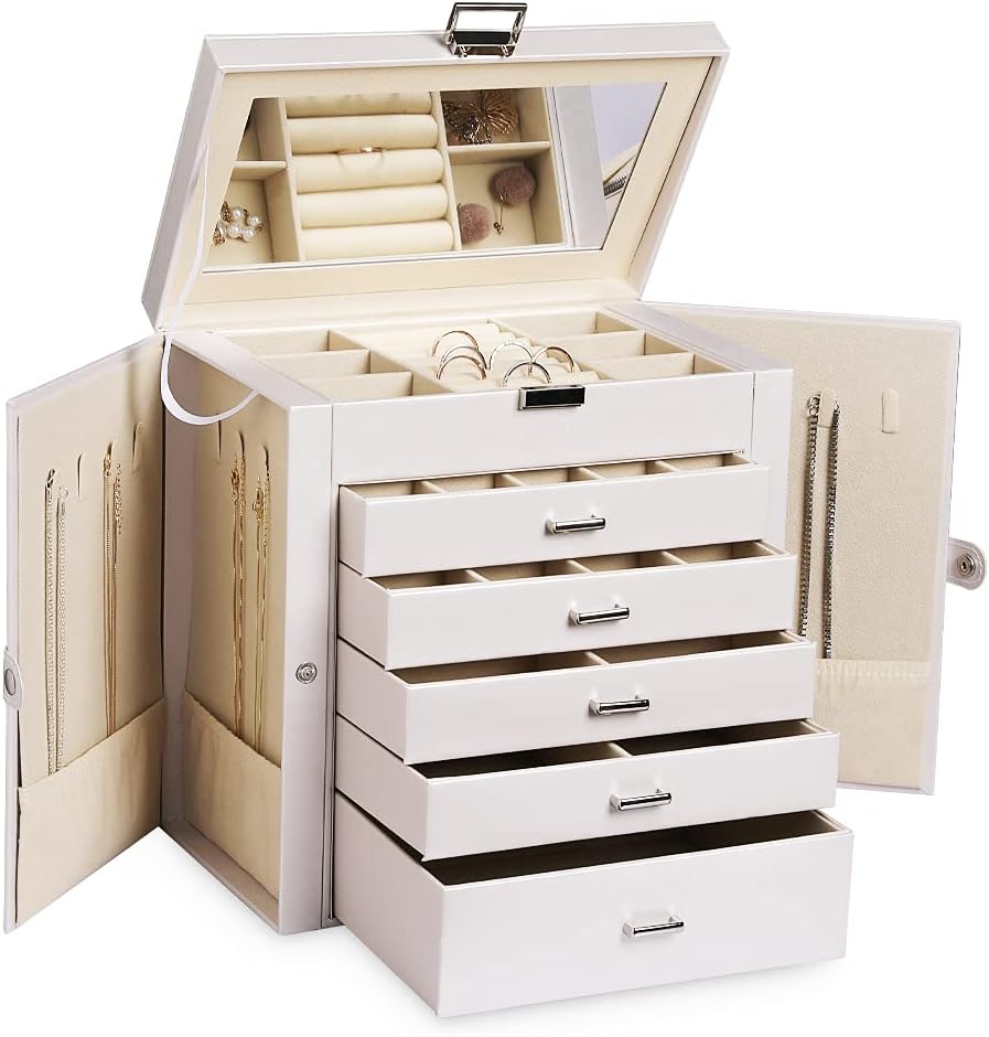 Frebeauty Large Jewelry Box,6-Tier PU Leather Jewelry Organizer with Lock,Multi-functional Storage Case with Mirror,Accessories Holder with 5 Drawers for Necklace Bracelets Watches(Pearl White)