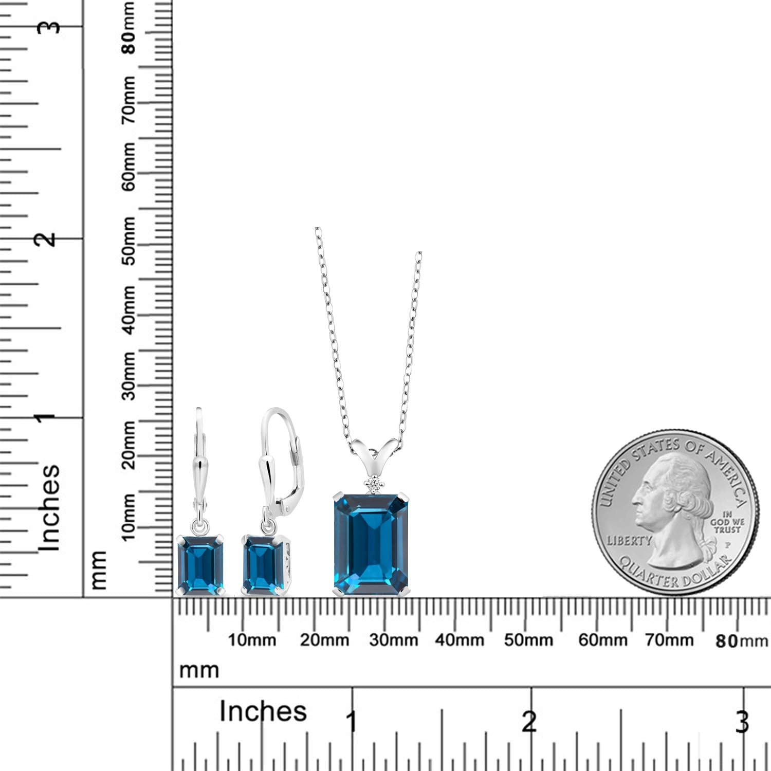 Gem Stone King 925 Sterling Silver London Blue Topaz Pendant and Earrings Jewelry Set For Women (13.49 Cttw, Gemstone Birthstone, Emerald Cut with 18 Inch Chain)