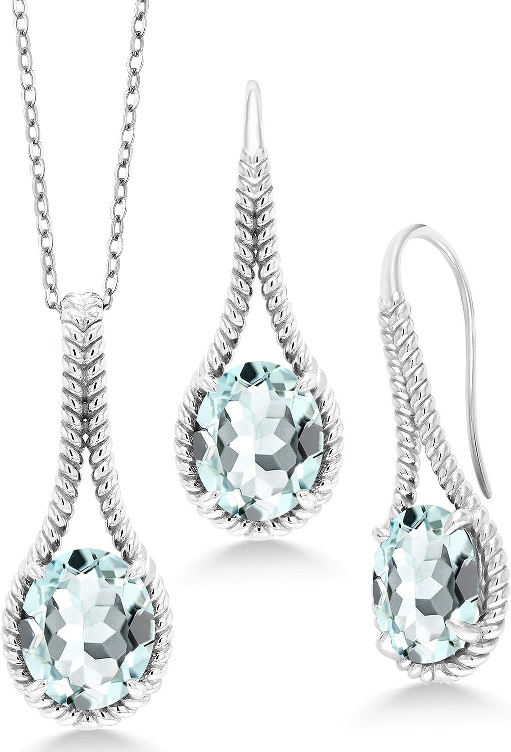 Gem Stone King 925 Sterling Silver Sky Blue Simulated Aquamarine Pendant and Earrings Jewelry Set For Women (11.79 Cttw, with 18 Inch Silver Chain)