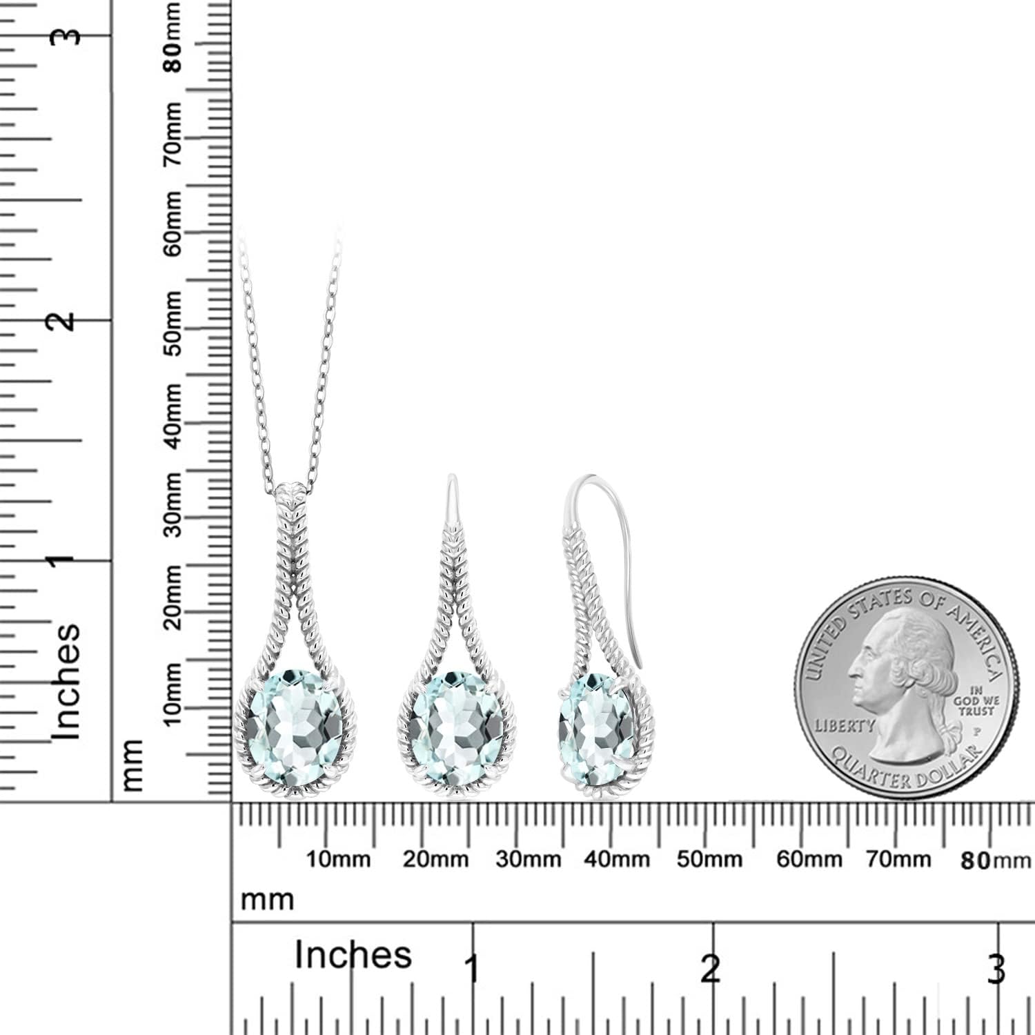 Gem Stone King 925 Sterling Silver Sky Blue Simulated Aquamarine Pendant and Earrings Jewelry Set For Women (11.79 Cttw, with 18 Inch Silver Chain)