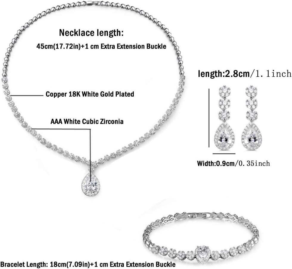 Hadskiss Jewelry Set for Women, Necklace Dangle Earrings Bracelet Set, White Gold Plated Jewelry Set with White AAA Cubic Zirconia, Allergy Free Wedding Party Jewelry for Bridal Bridesmaid