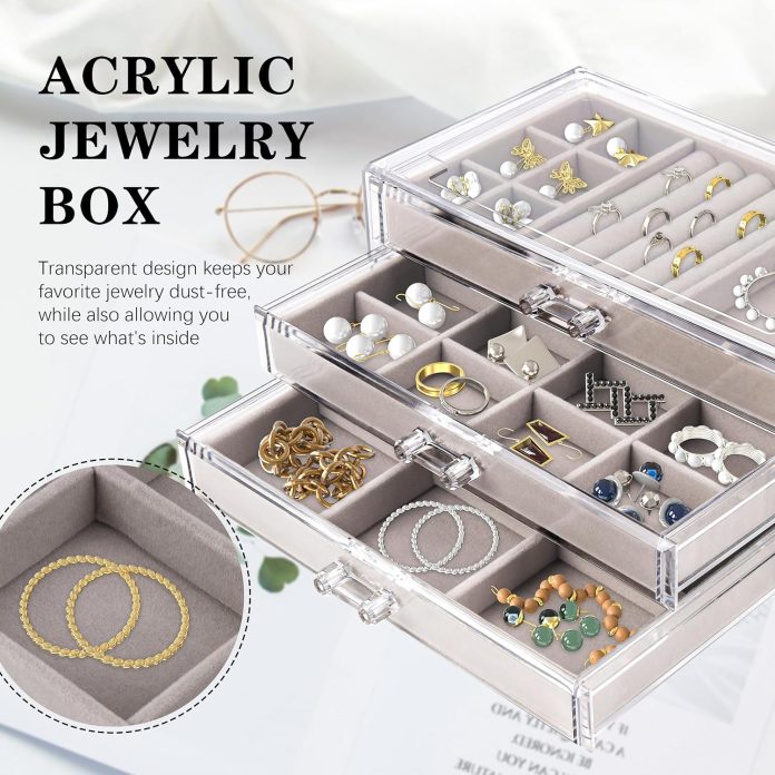 hmdivor acrylic jewelry organizer with 5 drawers jewelry organizer drawer with velvet trays earring jewelry organizer fo
