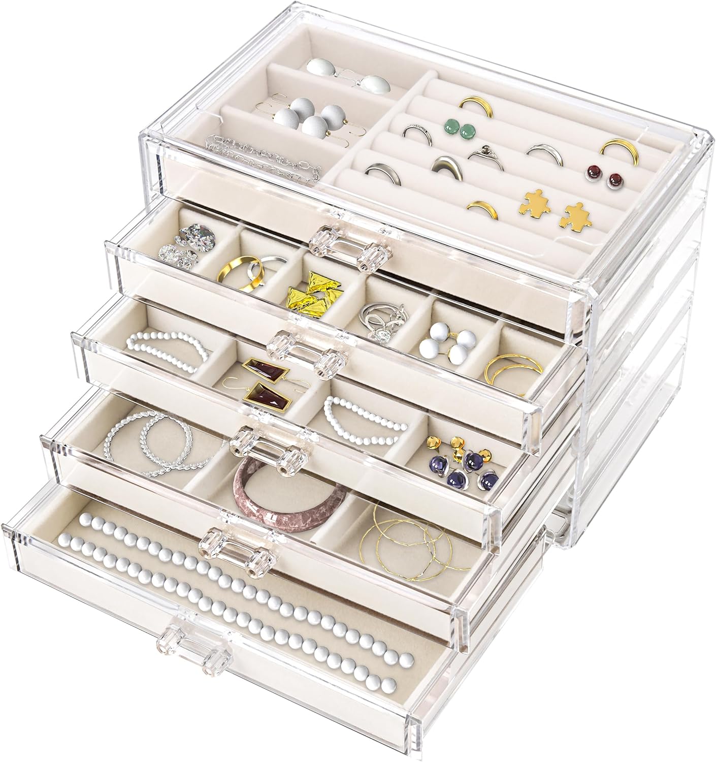 Hmdivor Acrylic Jewelry Organizer with 5 Drawers, Jewelry Organizer Drawer with Velvet Trays, Earring Jewelry Organizer for Jewelry Storage and Display Gift for Women(Beige)